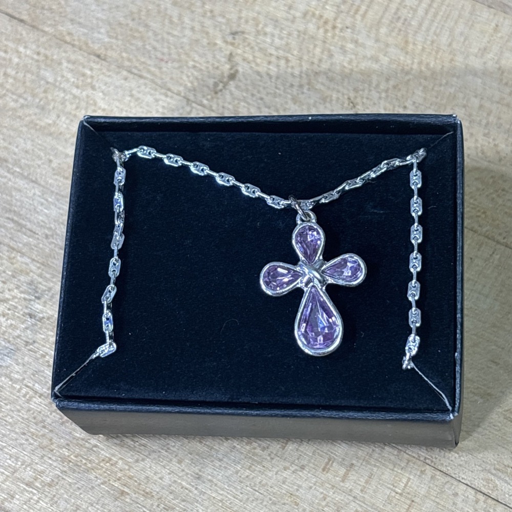 Vintage Avon NRT Silver Tone Amethyst Rhinestone Cross Necklace NIB Gift Box